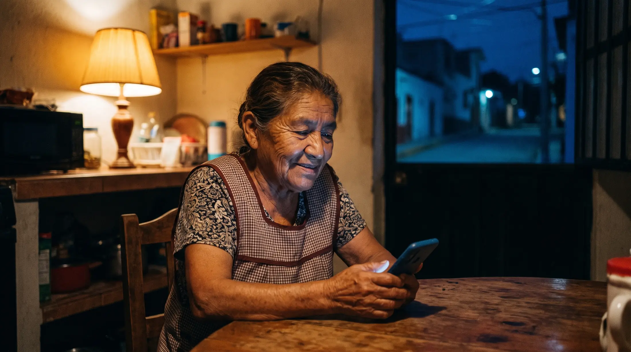 Una socia mayor revisa su celular de noche en la mesa de su cocina
