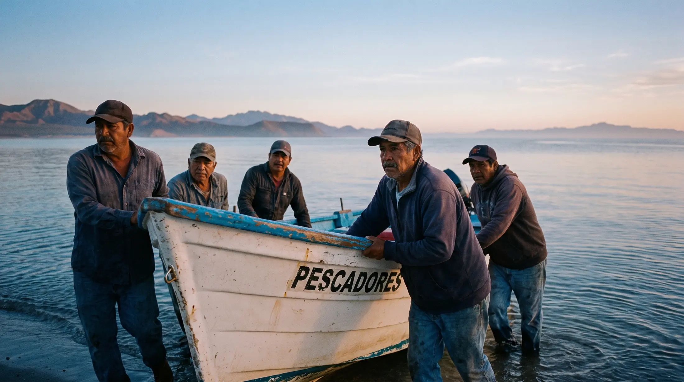 Pescadores de una cooperativa empujan su lancha al mar al amanecer